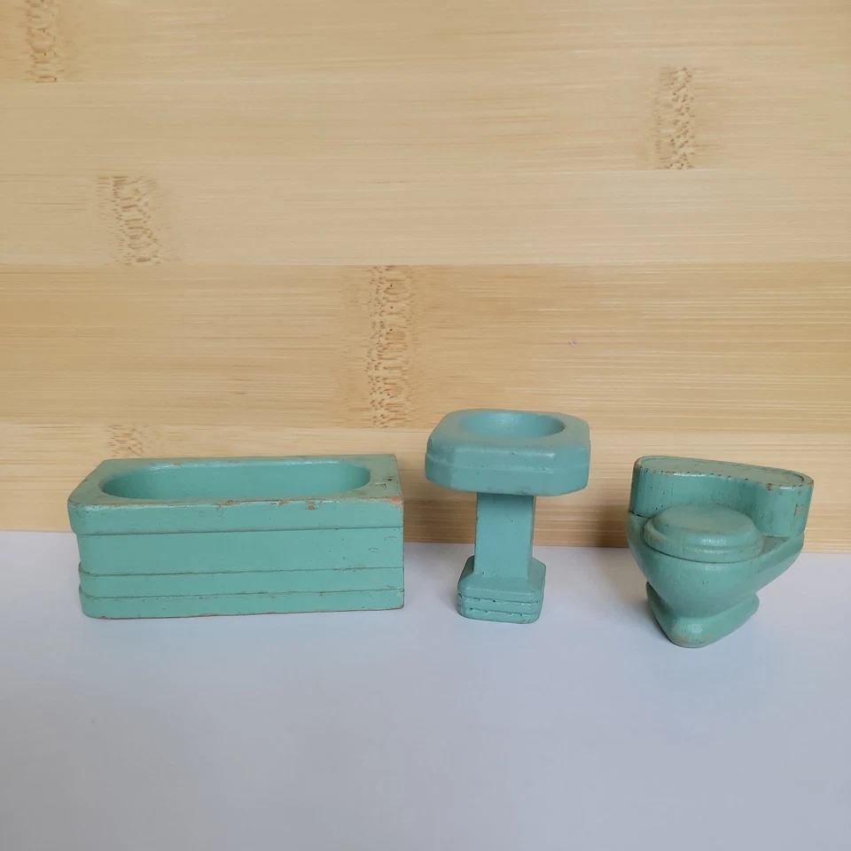 Strombecker-Mint Green Wooden Dollhouse - Sink, Tub, Toilet- original paint - Image 1 of 4