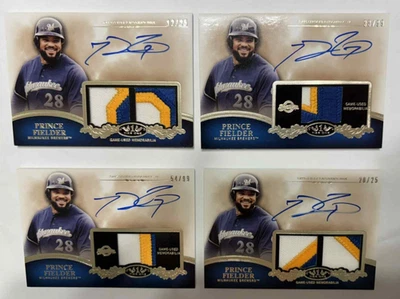 2012 TOPPS TIER ONE Prince Fielder Auto Patch Lot of 4 On Card Brewers Game Used - Image 1 of 2
