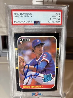 1987 Donruss GREG MADDUX HOF SIGNED ROOKIE Baseball Card #36 PSA 9 PSA 10 AUTO - Image 1 of 4
