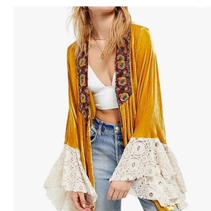 Free People Jacket top XS Wanderlust Velvet Yellow Embroidered Lace Hippie Royal - Picture 1 of 15