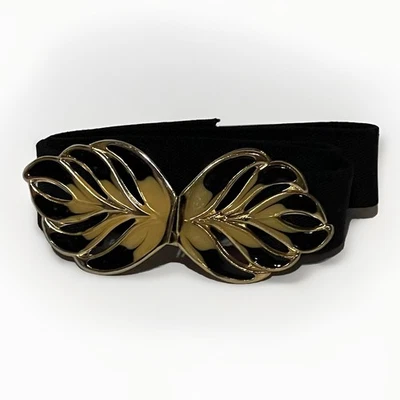 Vintage 80s Black Stretch Belt 28-38" Gold Enamel Leaf Buckle Elastic - Image 1 of 3