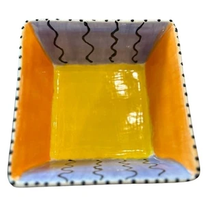 Funky Keramik gelb lila blau handbemalt Dekor Schale Behälter Y2K Vintage - Bild 1 von 5