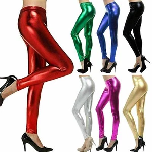 Womens Disco Leggings Stretch Shiny Ladies American Metallic Mermaid Wet Look - Picture 1 of 25