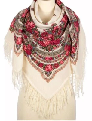 49» шарф квадратный мериносовой шерсти розовый красный бежевый голова шаль Павлово Посад украл 1901 - Изображение 1 из 3