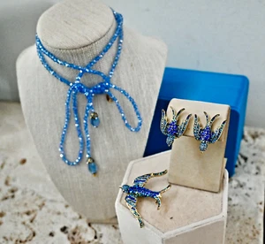 $120 HEIDI DAUS Blue Swallows 3 Pc SET Crystal Necklace CLIP Earrings Pin - Picture 1 of 10
