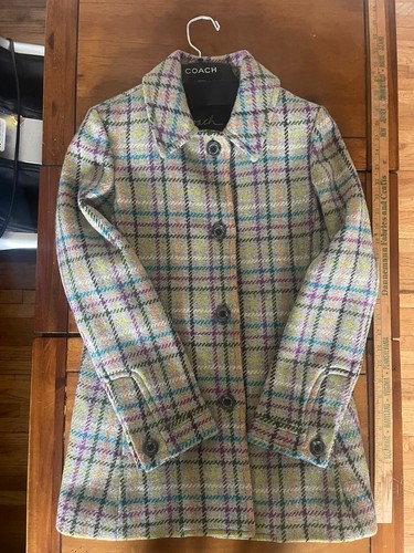 COACH Cappotto a tattersall a quadretti in lana XS nuovo con etichette fodera viola con appendiabiti e borsa $448
