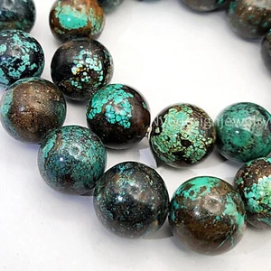 Cuentas redondas genuinas Kingman turquesa azules y negras, filamento de 15,5"" solo 1 - Imagen 1 de 5