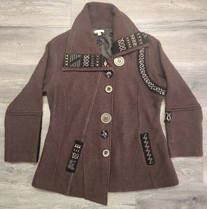 Giacca Carson ricamata lana marrone bottoni foderata donna XL Artsy Boho Artistica - Foto 1 di 13