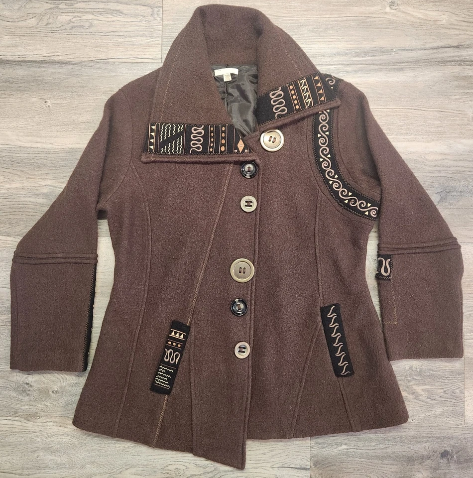 Chaqueta Carson Bordada Marrón Lana Botón Forrada Para Mujer XL Artística Boho Artística Foto 1 de 4
