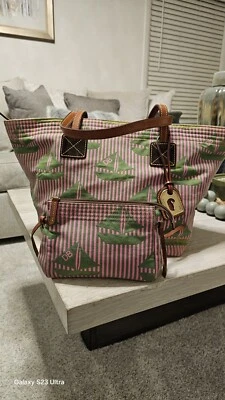 Dooney & Bourke Pink Green Canvas Tote & Pouch Set Leather Trim Sailboat Print - Image 1 of 4