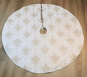Elegant Christmas Tree Skirt Ivory & Gold Metallic Embroidered Shimmery 52 inch - Picture 1 of 6