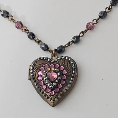 Anne Koplik Designs Heart Locket Crystal Necklace Pink Dark Gray 18" - Image 1 of 4