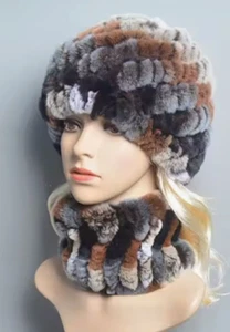 Scaldacollo e cappello in pelliccia Lapin Rex Tricot marrone - Foto 1 di 13