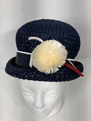 Vintage Womens Straw Classic Blue Mr John Hat Pom Pom Cording - Image 1 of 4