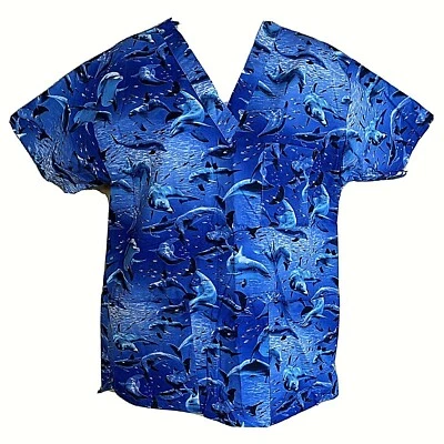 MELOCOTONES~Unisex Manga Corta Cuello en V Pull Over Talla XS Delfines Nuevo con Bolsillos para Etiqueta Foto 1 de 4