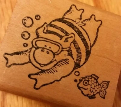 Pig Swimming Rubber Stamp  Sea Bubbles Ocean Beach Fish Rubber Stampede  Vintage - Image 1 of 4