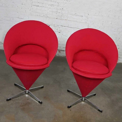 Pair Vintage Mid-Century Modern Red Cone Chairs Verner Panton for Fritz Hansen Cover