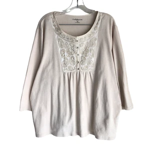 Croft & Barrow Women's Knit Top Plus 3X Paisley Embroidery Beige 3/4 Sleeve Boho - Picture 1 of 10