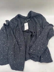 Eileen Fisher Charcoal Gray Sequin Merino Wool Knit Open Cardigan Size M NWT - Picture 1 of 6