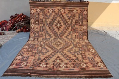 6x8 Afghan Kilim Area – Subtle Tribal Diamond Motifs in Terracotta, Brown & Rust - Image 1 of 4
