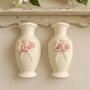 Vintage Porzellan Wandvasen Paar rosa Rosen & Band 7" elfenbein Keramik floral - Bild 1 von 6