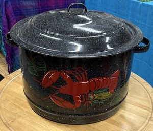 Vintage Hummertopf schwarz Granitgeschirr gesprenkelt Emaille Metall Suppentopf Maismuschel 2 Stück - Bild 1 von 8