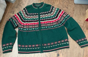 Tiara International XL Zip Knit Cardigan Sweater Fair Isle Green Red Christmas - Picture 1 of 4