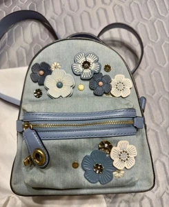 COACH Tea Rose Turn Lock Denim Blue Floral Motif Backpack - Picture 1 of 5