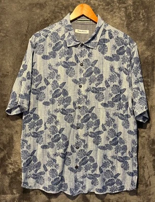 Tommy Bahama XL 高亚麻混纺衬衫热带夏威夷蓝色叶子纽扣 — 第 1/4 张图片