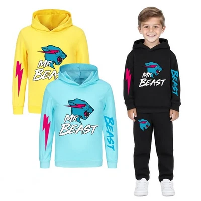 NEW Kids Mr Beast Lightning Cat Print Hoodie Sweatshirt Hooded Tops Jumper GIFT