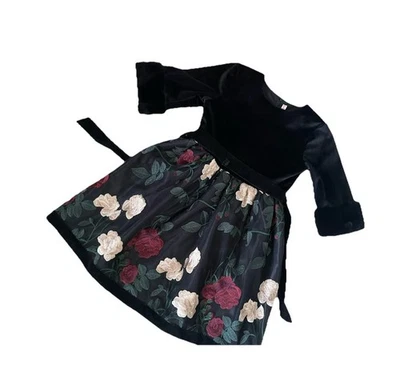 Miss Blumarine Black Floral Velvet Dress with Long Sleeves and Ribbon Tie 5-7 Y. - Image 1 of 4
