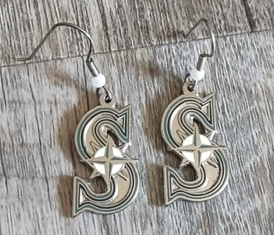 SEATTLE MARINERS  Silver-Colored Metal Logo PIERCED EARRINGS Peter David 1995 - Image 1 of 2