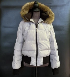 Vintage Nautica Daunen Puffer Jacke Stepp Bomber Gr. M grau abnehmbare Kunstfell Kapuze - Bild 1 von 24