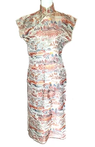 Womens vtg DAIWA silk brocade cheongsam SMALL Asian dress 1940s 50s maxi gold - Picture 1 of 7