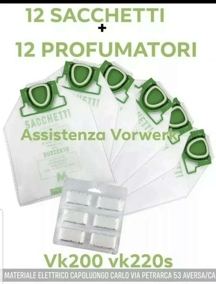 SACCHETTI FOLLETTO VK200 VK220S FP Compatibili Vorwerk 12Sacchetti + 12Profumini - Immagine 1 di 1