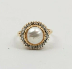14K YG Mabe Pearl Ring Illusion Diamond Mount Halo Style Circa 1990 Size 5 - Picture 1 of 12