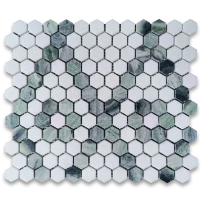T31F52XH Thassos Blanco Mármol Hexágono Diamante Flor Enrejado Mosaico Azulejo Verde Foto 1 de 4