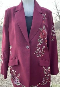 DG2 Diane Gilman Burgunderrot Knitterfrei Bestickt Gabardine Blazer Gr. L - Bild 1 von 13