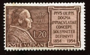 VATICAN 1954 - MINT / NH-ORIGINAL GUM - 20L Scott #180 - PIUS IX PM DOGMA /202 - Picture 1 of 24