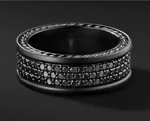 Alianza de boda para hombre de diamantes negros creados de corte redondo de 2 quilates enchapada en oro negro 925 de 14 quilates Foto 1 de 4