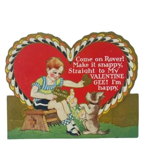 Vintage Valentine Greeting Card Die Cut Boy Carrier Dog 1935 Made in USA - Picture 1 of 2