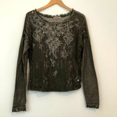 MISS ME Lace Front Sweatshirt Olive Green Pullover Mixed Media Long Sleeve Small - Image 1 of 4