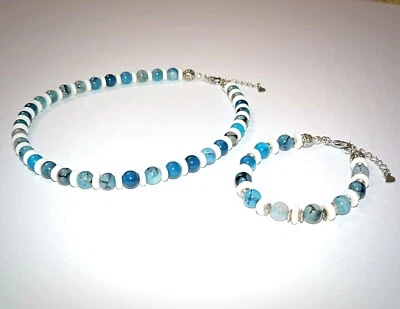 Collar de cuentas redondas de ágata de piedra natural y pulsera a juego con detalles óseos Foto 1 de 4
