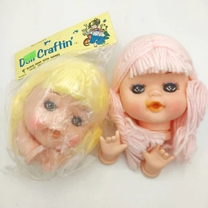 (2) Vintage Doll Craftin' 4" Yellow & Pink Yarn Hair Doll Heads With Hands - Picture 1 of 4