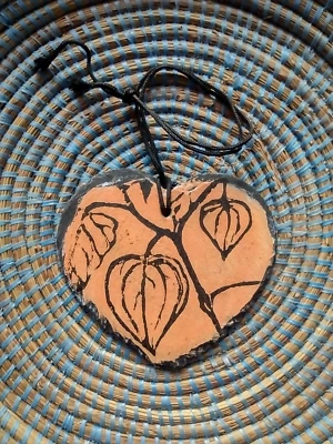 Unique linocut hand printed hanging slate heart, physalis Valentine Love gift - Image 1 of 4