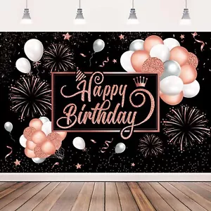 Rose Gold Happy Birthday Backdrop Party Banner Photography Background for Women - Picture 1 of 9