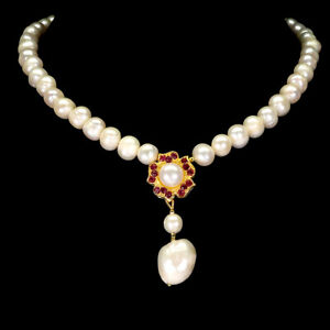 Heated Round Ruby 2.5mm Pearl 14K Yellow Gold Plate 925 Sterling Silver Necklace