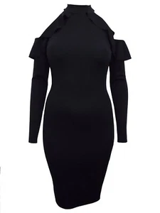 Missguided Black frilled cold shoulder long sleeve bodycon Midi Dress - Picture 1 of 2