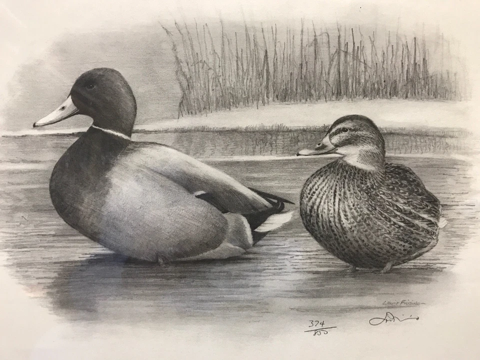 "Litografía de pato Louis Frisino firmada y numerada edición limitada pato carbón 14X17""" Foto 1 de 3