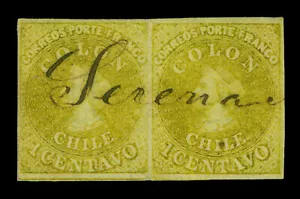 CHILE 1862 COLUMBUS - Last London print 1c lemon Sc# 11 used XF worn print PAIR - Picture 1 of 2